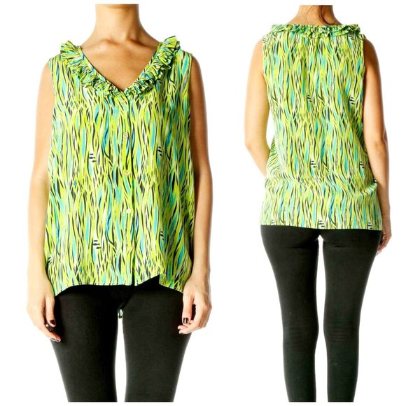 LILLY PULITZER Size 6 Multicolor Graphic Print Sleeveless Silk Ruffle V-Neck Top - Picture 1 of 14